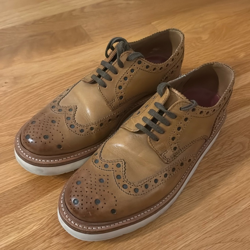 Grenson Archie Tan Leather Brogue Oxford White Wedge Sole Goodyear Welted